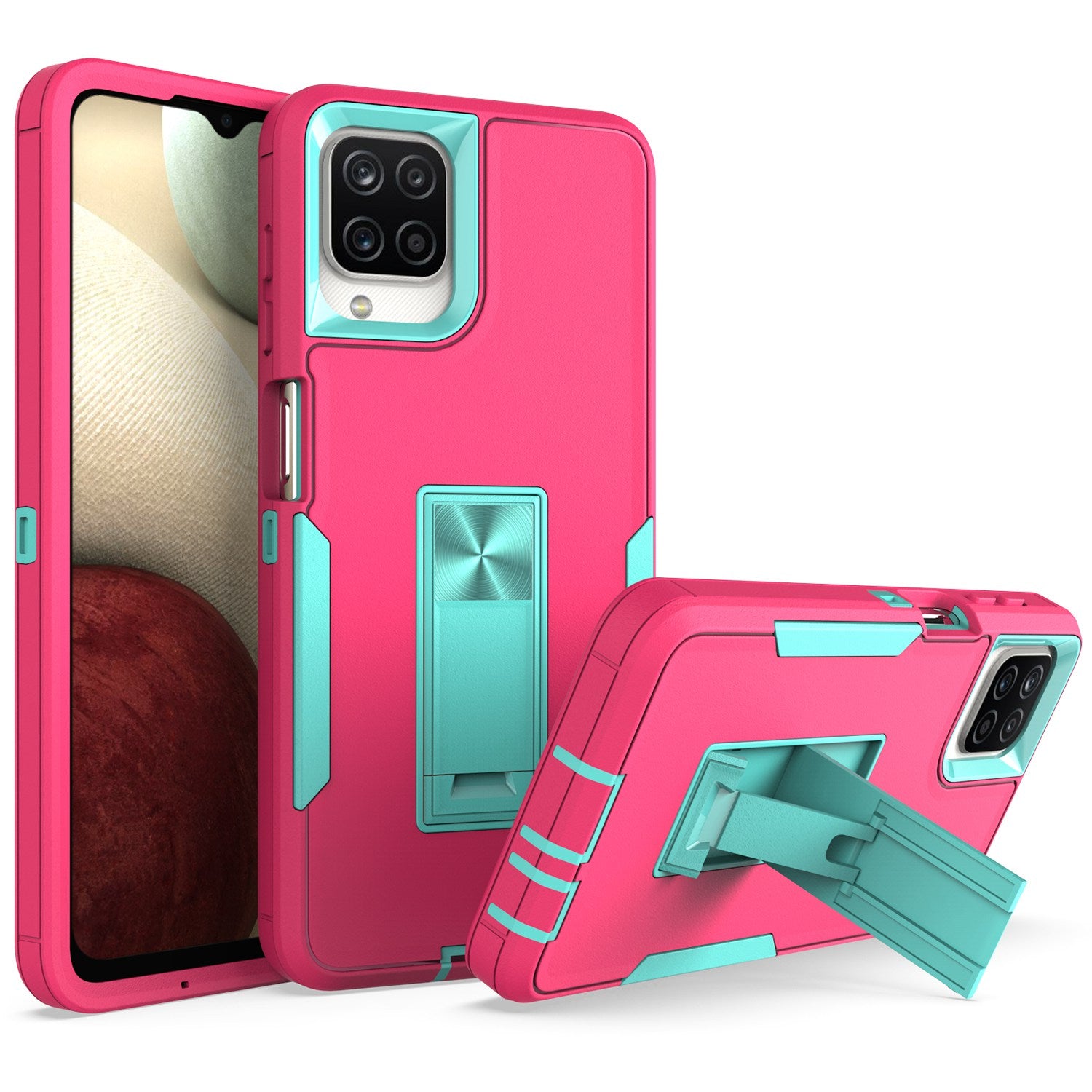 For Samsung Galaxy A12 Hard PC + Soft TPU Hybrid Cover Kickstand Phone Case with Car Mount Metal Sheet
