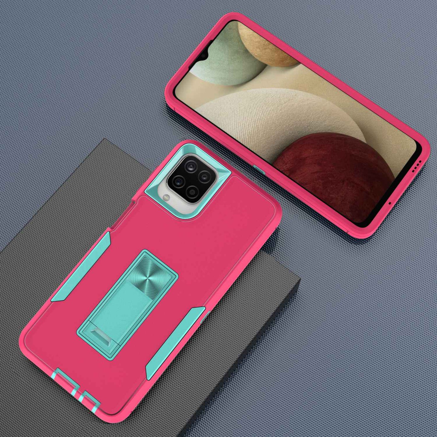 For Samsung Galaxy A12 Hard PC + Soft TPU Hybrid Cover Kickstand Phone Case with Car Mount Metal Sheet