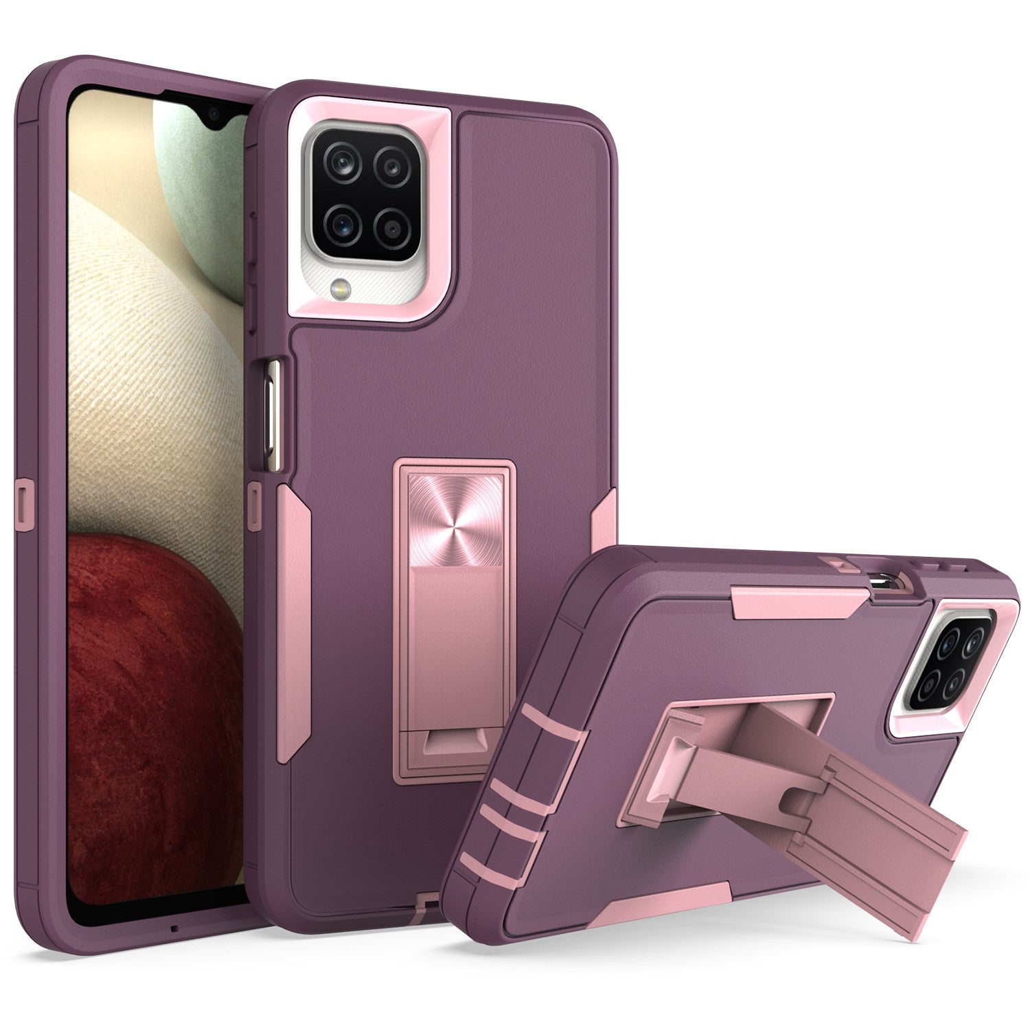 For Samsung Galaxy A12 Hard PC + Soft TPU Hybrid Cover Kickstand Phone Case with Car Mount Metal Sheet