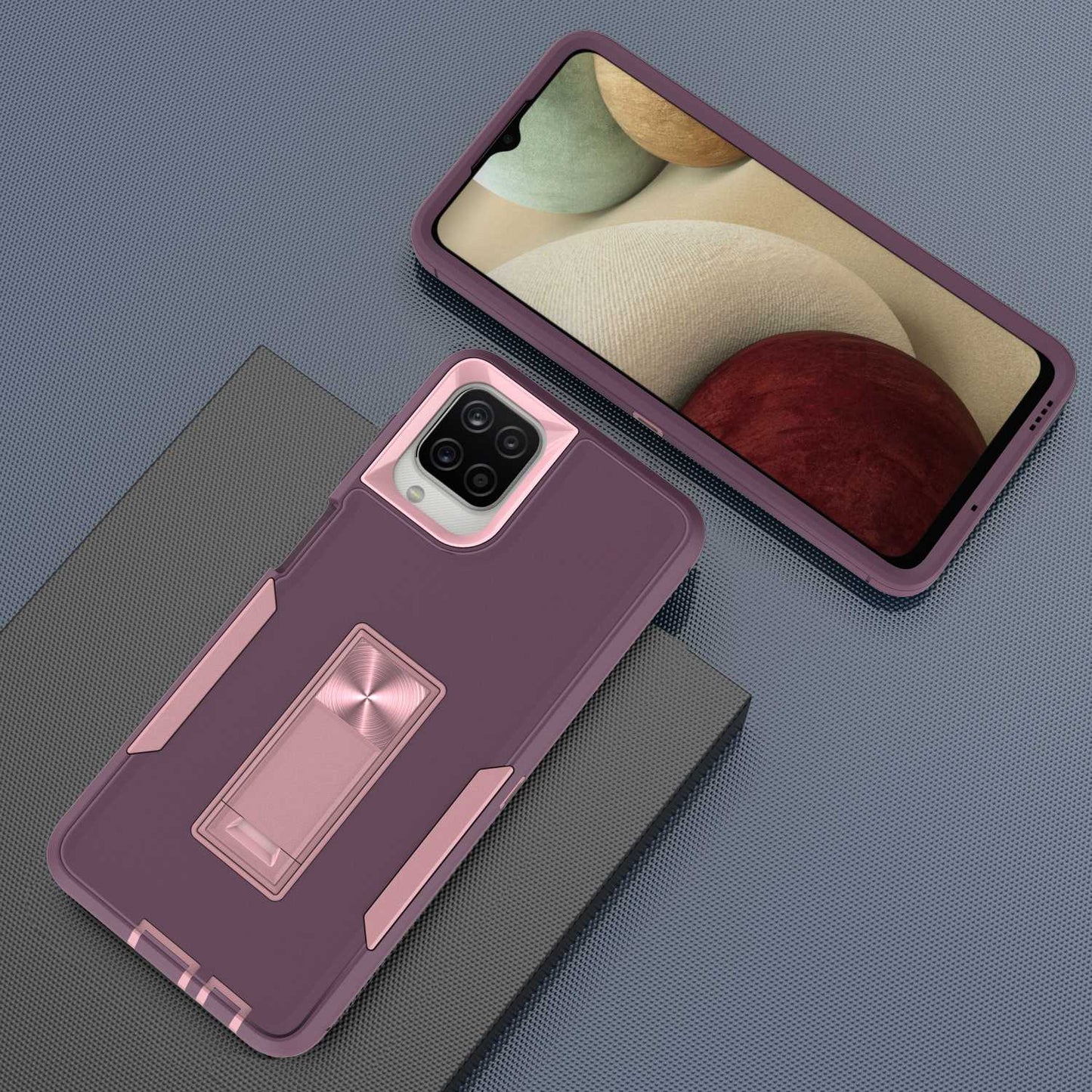 For Samsung Galaxy A12 Hard PC + Soft TPU Hybrid Cover Kickstand Phone Case with Car Mount Metal Sheet