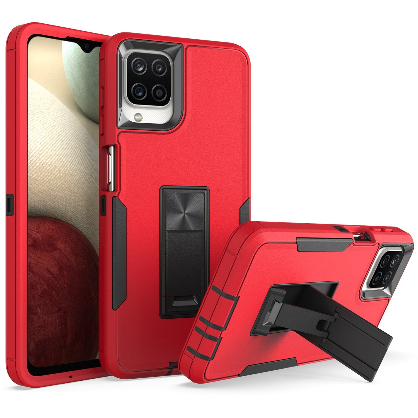 For Samsung Galaxy A12 Hard PC + Soft TPU Hybrid Cover Kickstand Phone Case with Car Mount Metal Sheet