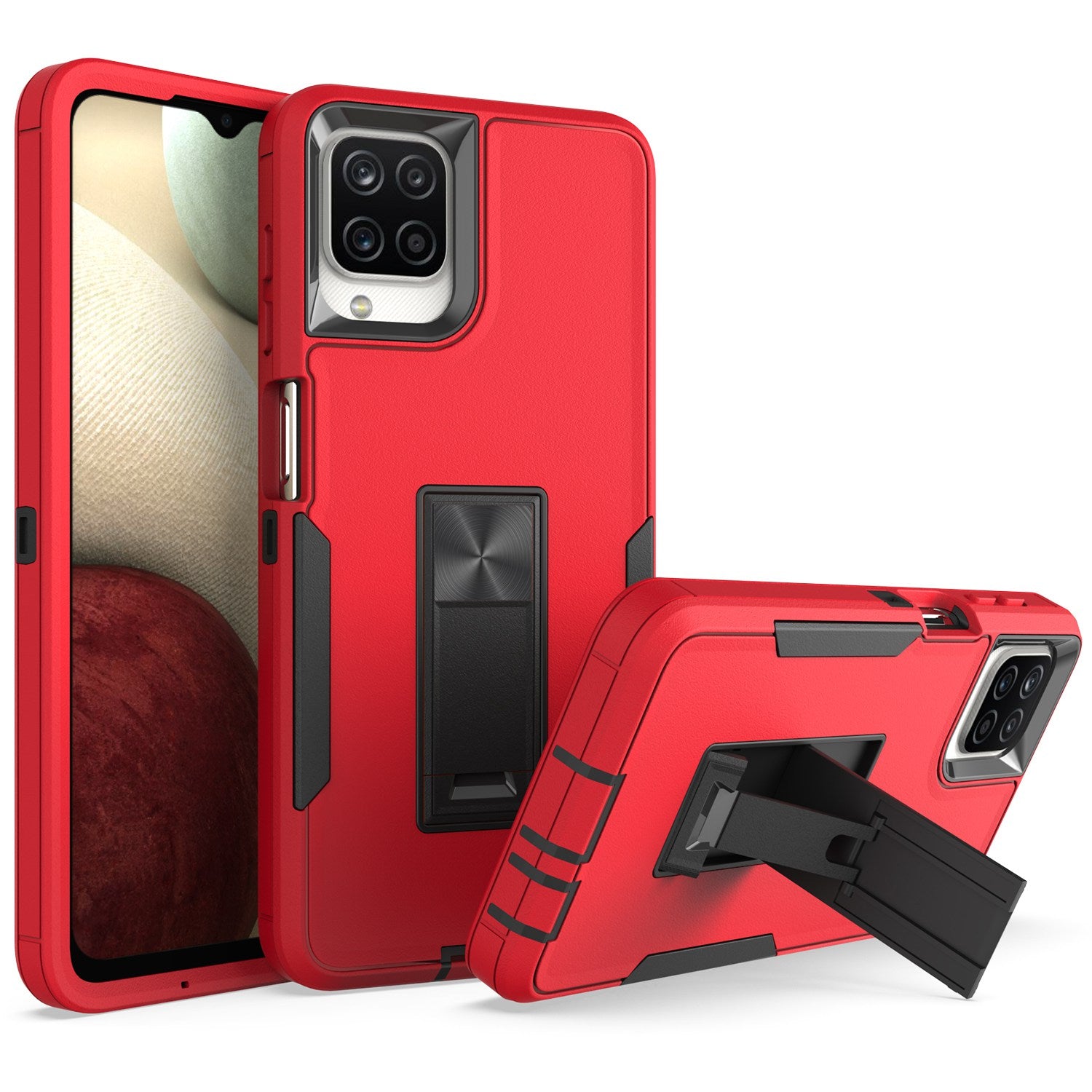 For Samsung Galaxy A12 Hard PC + Soft TPU Hybrid Cover Kickstand Phone Case with Car Mount Metal Sheet
