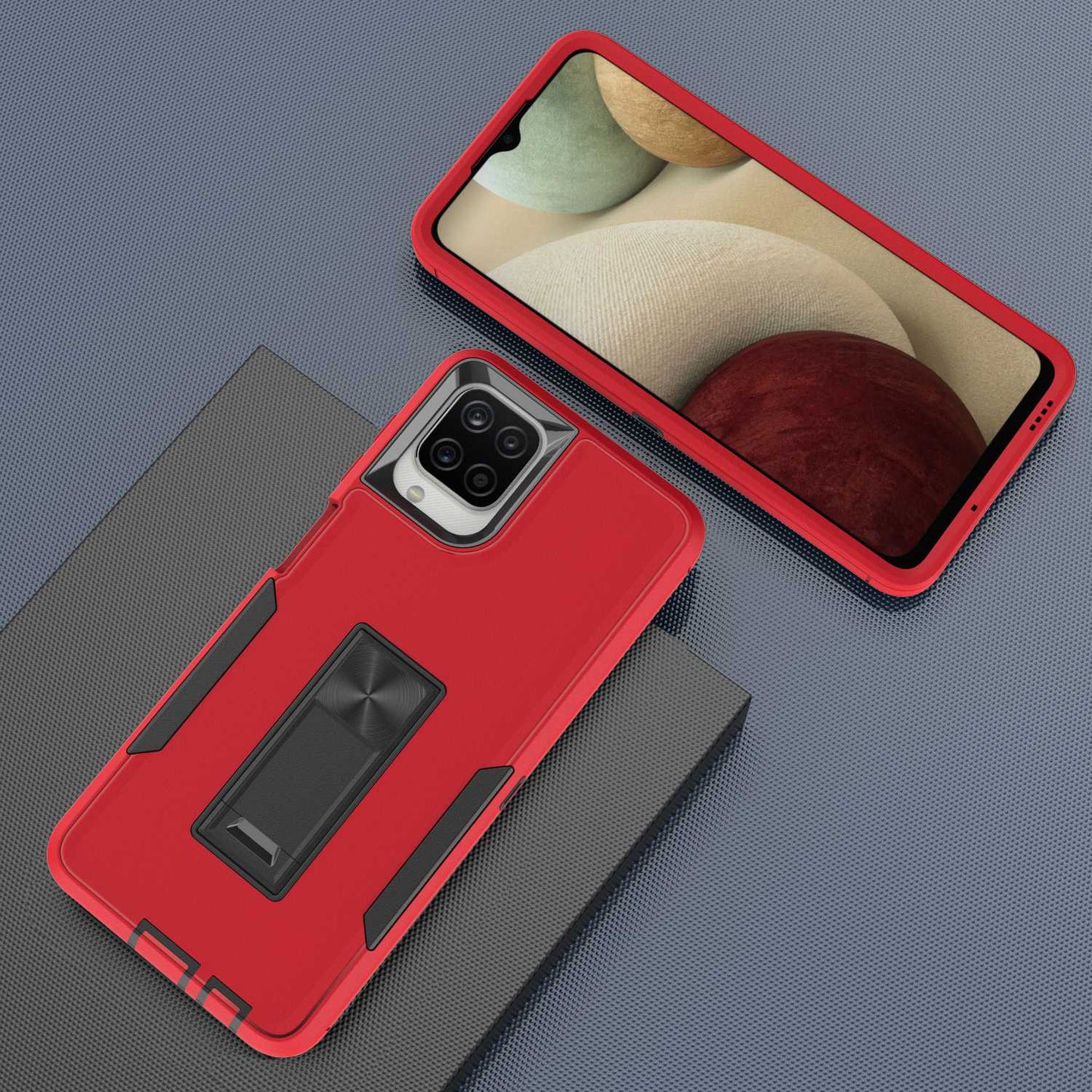 For Samsung Galaxy A12 Hard PC + Soft TPU Hybrid Cover Kickstand Phone Case with Car Mount Metal Sheet