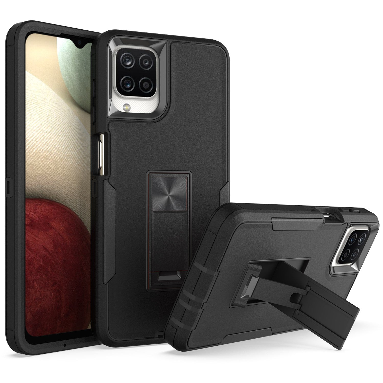 For Samsung Galaxy A12 Hard PC + Soft TPU Hybrid Cover Kickstand Phone Case with Car Mount Metal Sheet