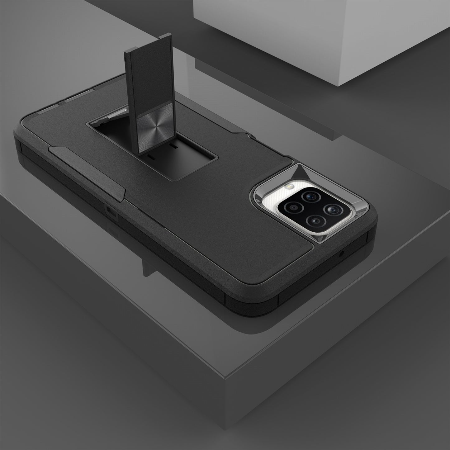For Samsung Galaxy A12 Hard PC + Soft TPU Hybrid Cover Kickstand Phone Case with Car Mount Metal Sheet