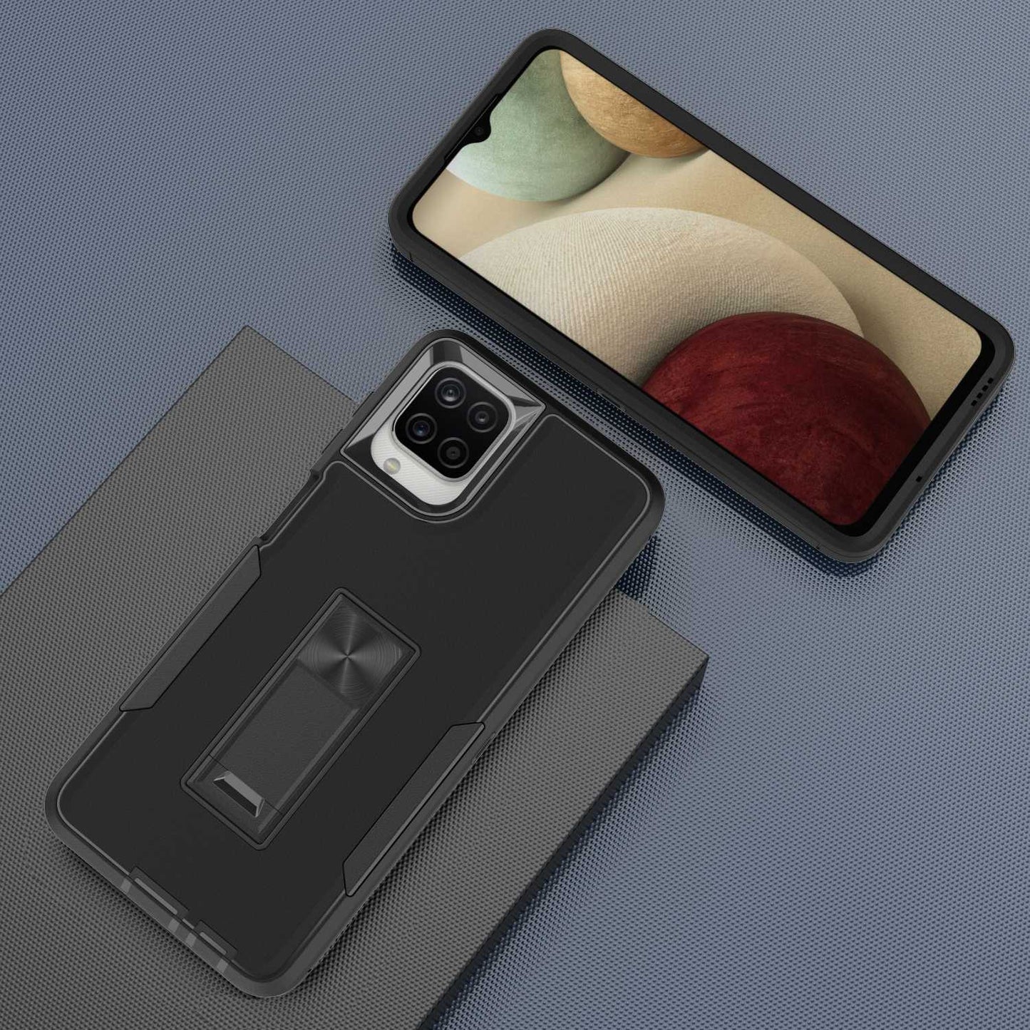For Samsung Galaxy A12 Hard PC + Soft TPU Hybrid Cover Kickstand Phone Case with Car Mount Metal Sheet