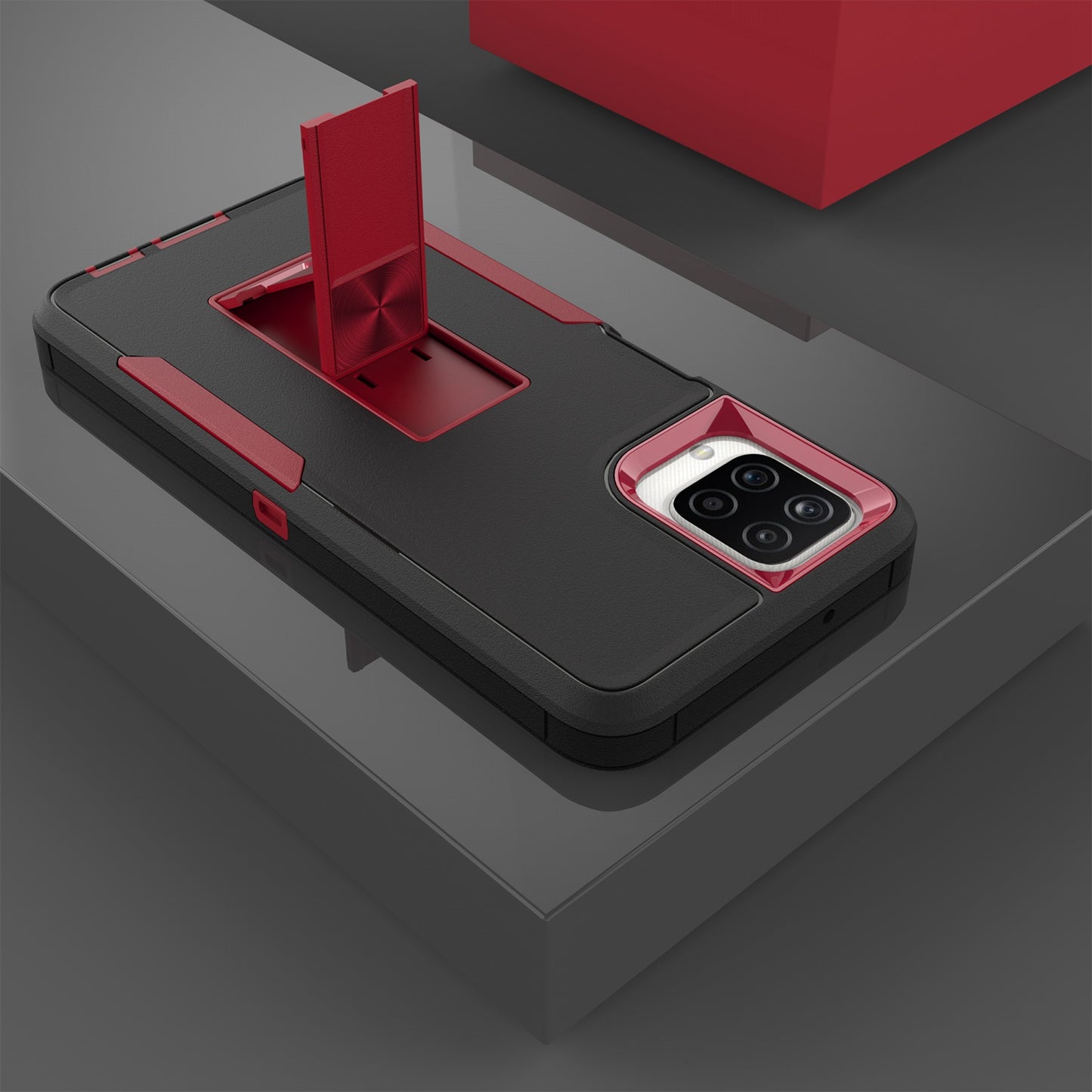 For Samsung Galaxy A12 Hard PC + Soft TPU Hybrid Cover Kickstand Phone Case with Car Mount Metal Sheet