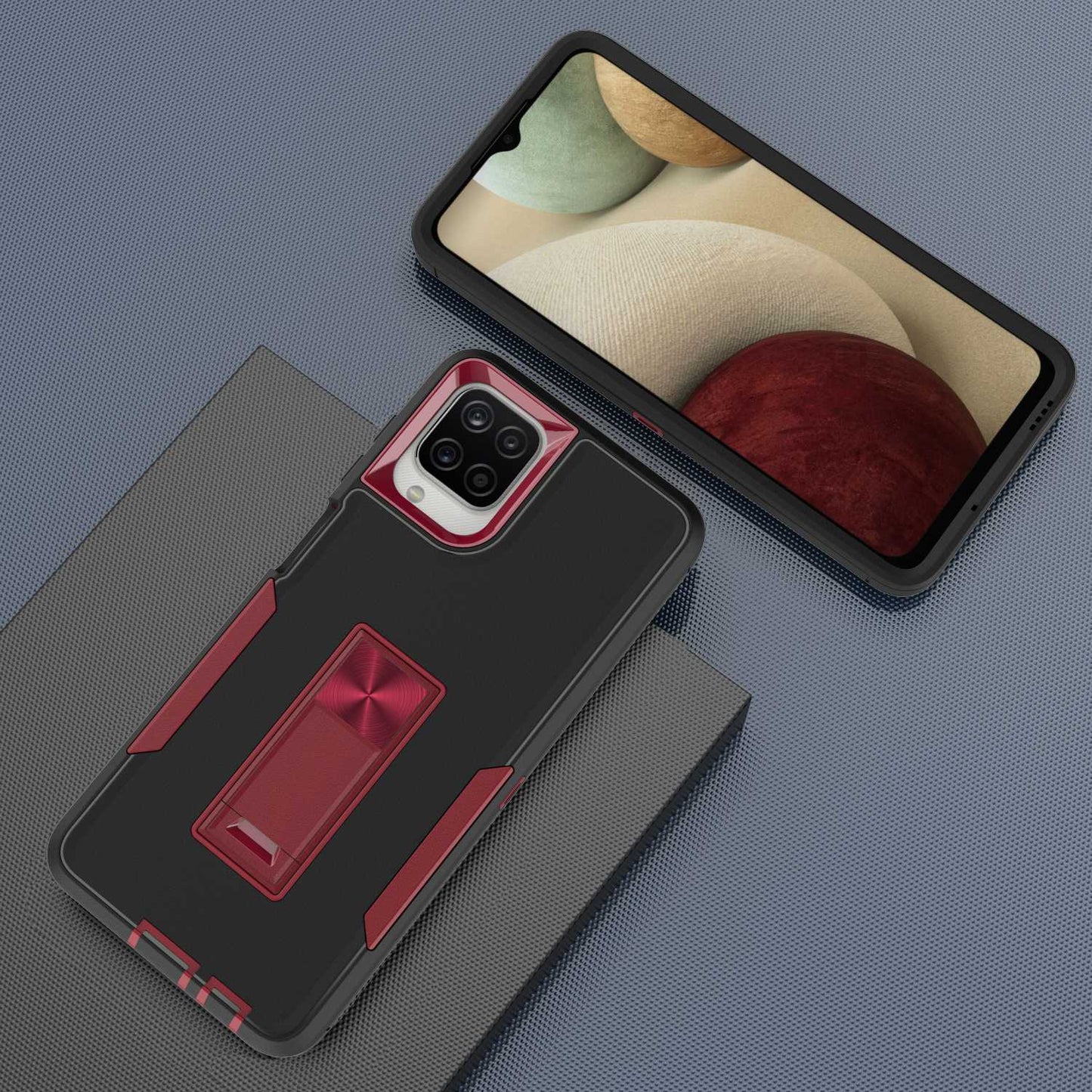For Samsung Galaxy A12 Hard PC + Soft TPU Hybrid Cover Kickstand Phone Case with Car Mount Metal Sheet