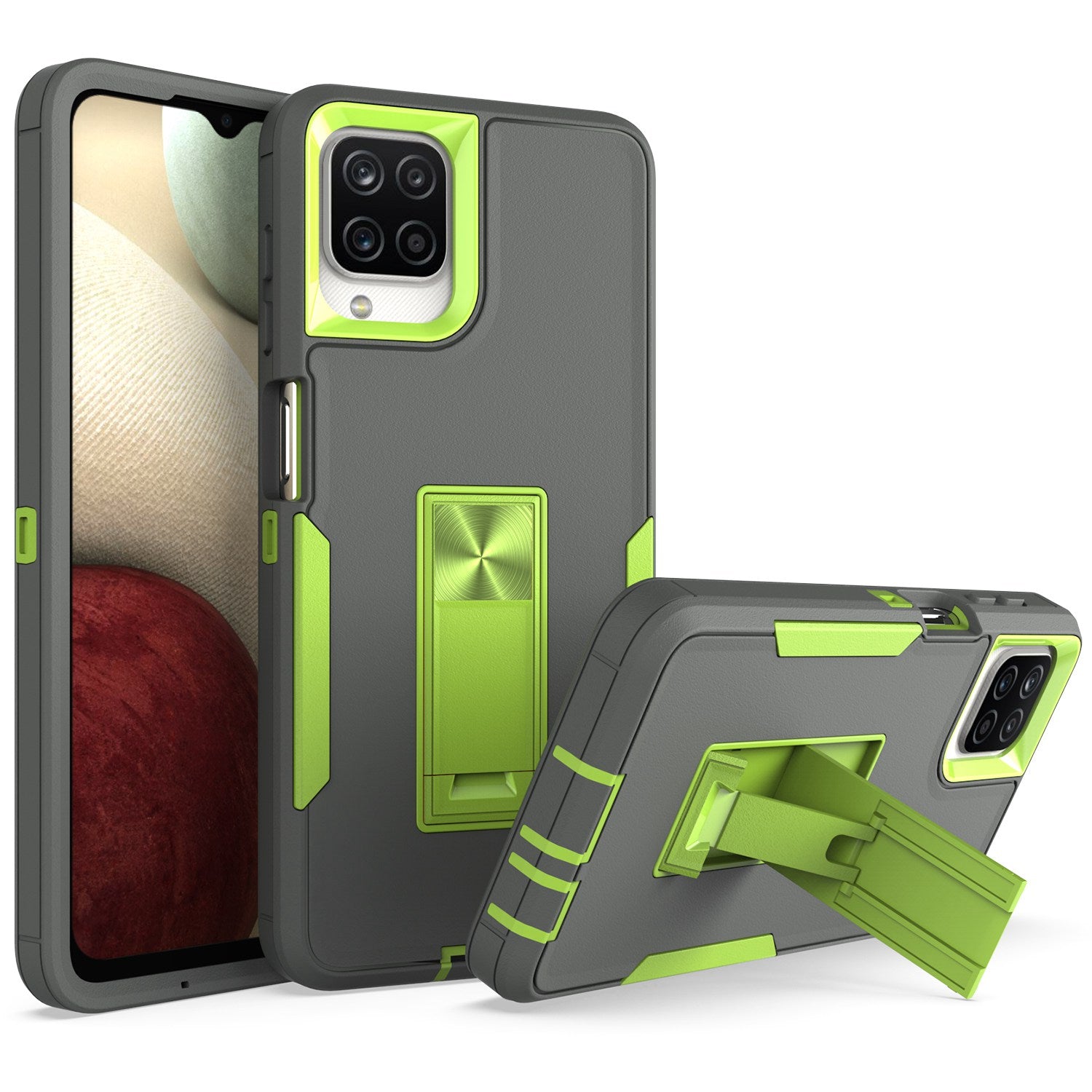 For Samsung Galaxy A12 Hard PC + Soft TPU Hybrid Cover Kickstand Phone Case with Car Mount Metal Sheet