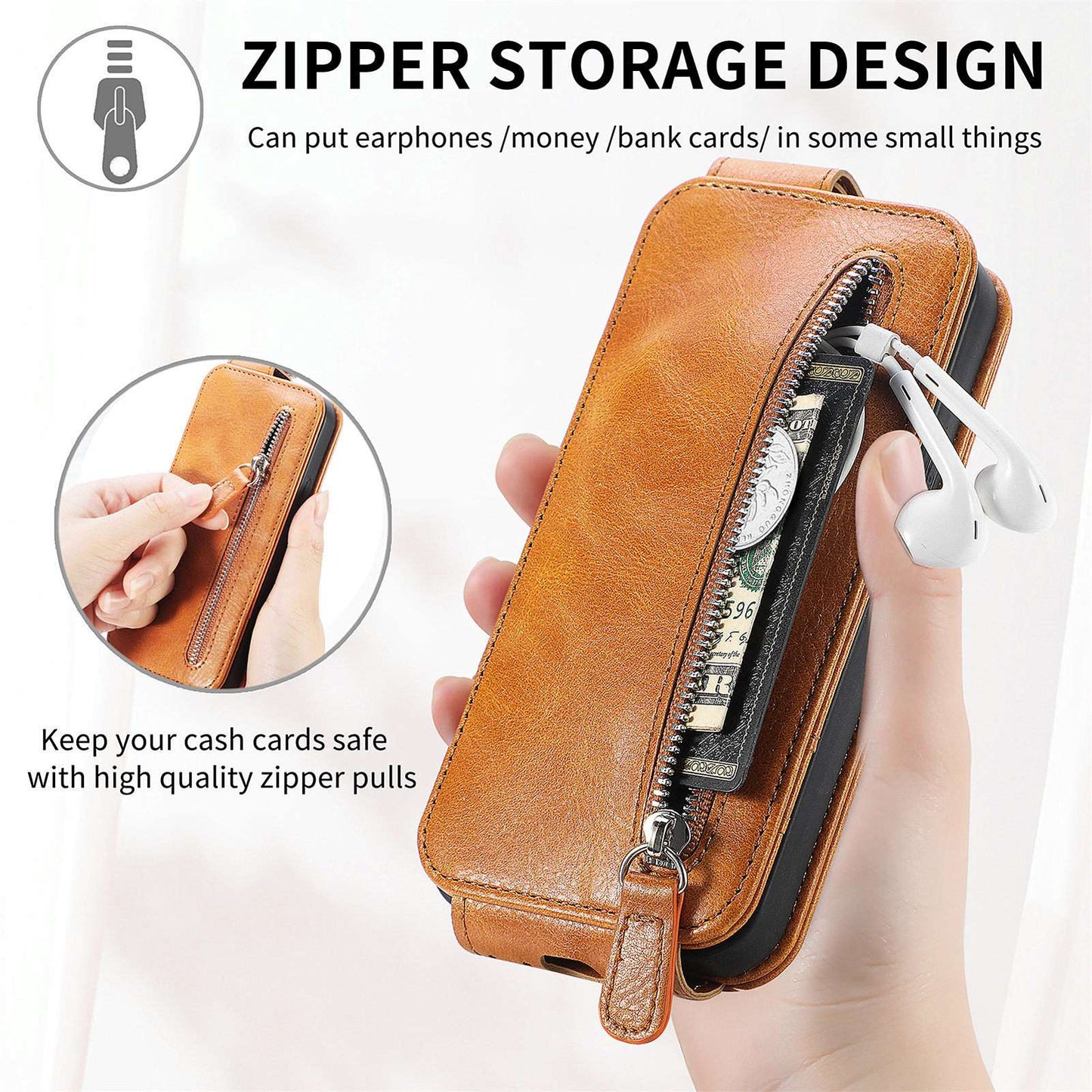 For Samsung Galaxy A53 5G PU Leather Vertical Flip Cover Zipper Wallet Stand Phone Case with Built-in Metal Sheet