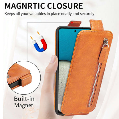 For Samsung Galaxy A53 5G PU Leather Vertical Flip Cover Zipper Wallet Stand Phone Case with Built-in Metal Sheet