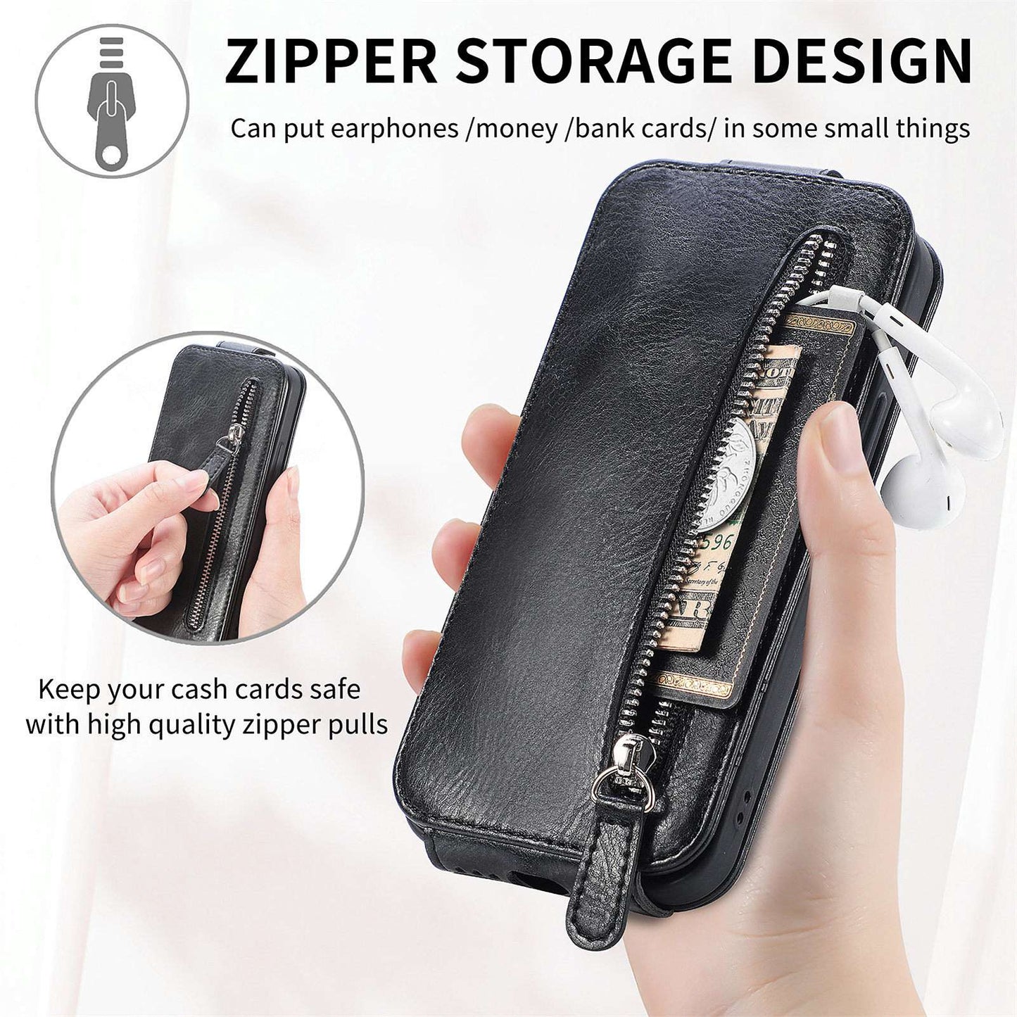 For Samsung Galaxy A53 5G PU Leather Vertical Flip Cover Zipper Wallet Stand Phone Case with Built-in Metal Sheet