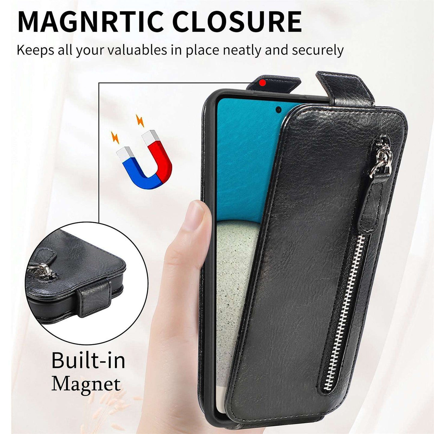 For Samsung Galaxy A53 5G PU Leather Vertical Flip Cover Zipper Wallet Stand Phone Case with Built-in Metal Sheet