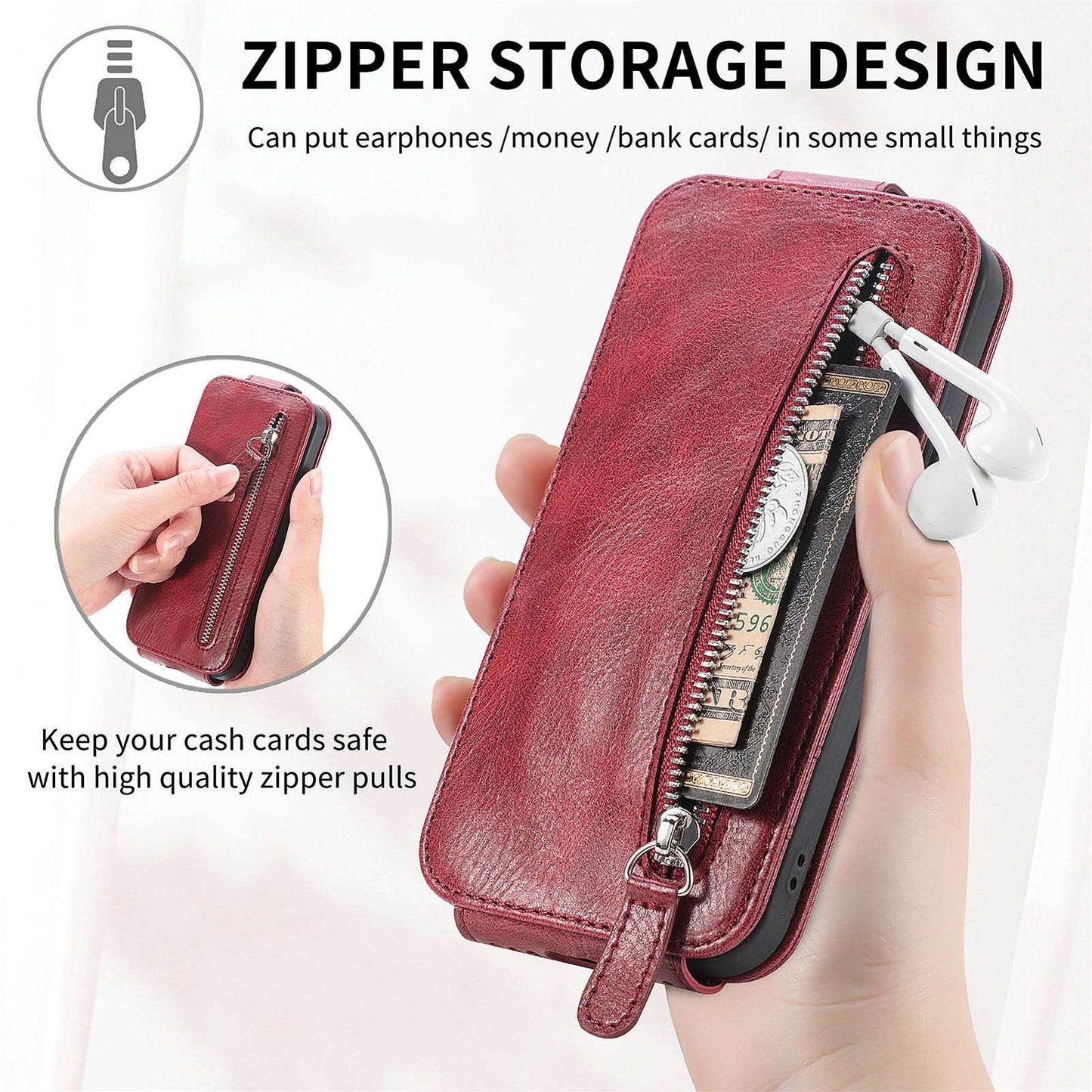 For Samsung Galaxy A53 5G PU Leather Vertical Flip Cover Zipper Wallet Stand Phone Case with Built-in Metal Sheet