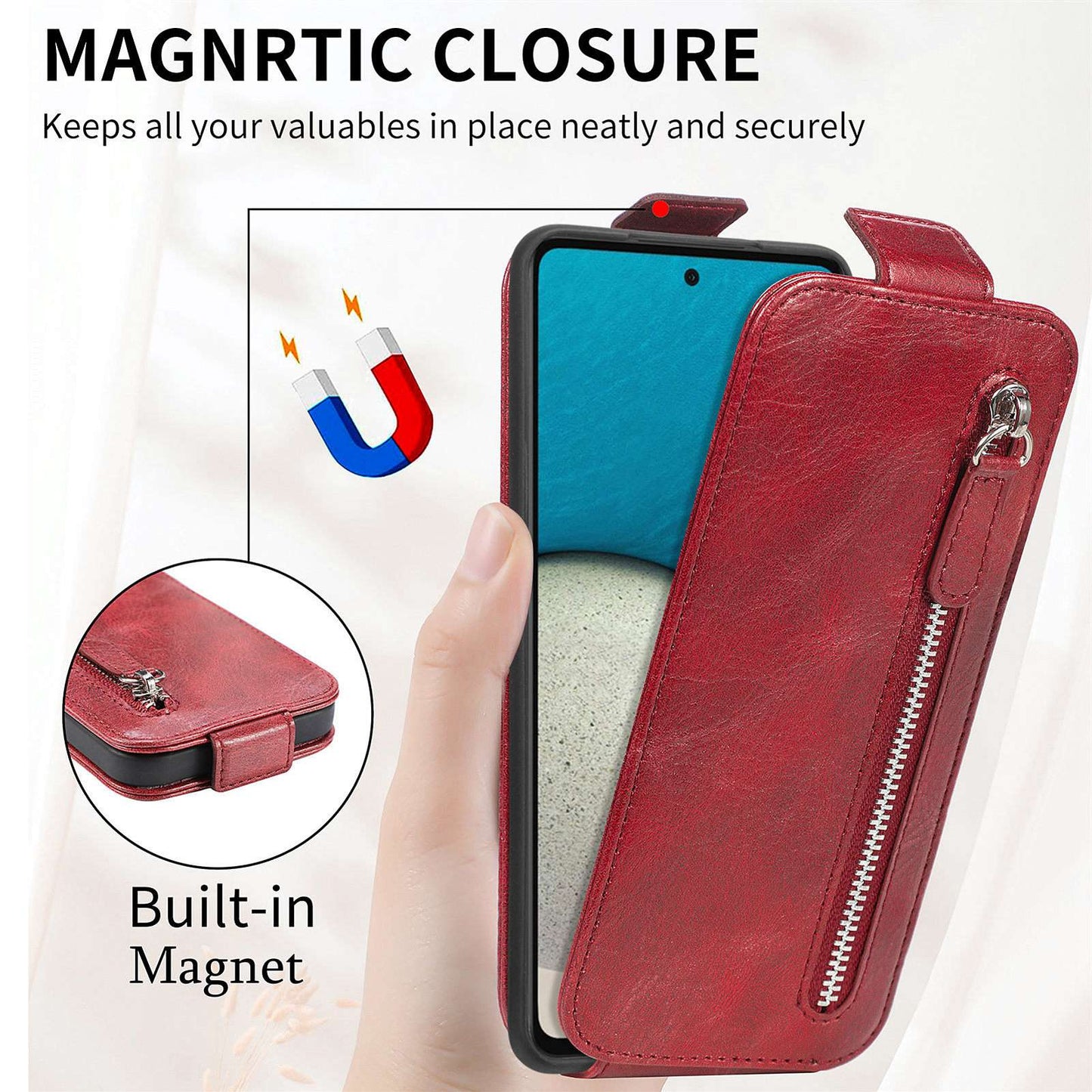 For Samsung Galaxy A53 5G PU Leather Vertical Flip Cover Zipper Wallet Stand Phone Case with Built-in Metal Sheet