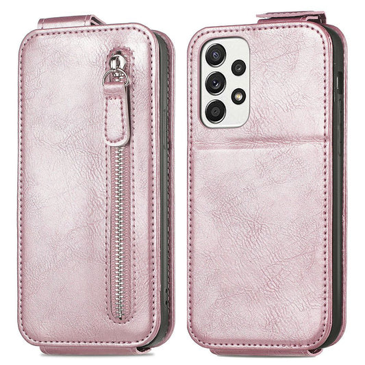 For Samsung Galaxy A53 5G PU Leather Vertical Flip Cover Zipper Wallet Stand Phone Case with Built-in Metal Sheet