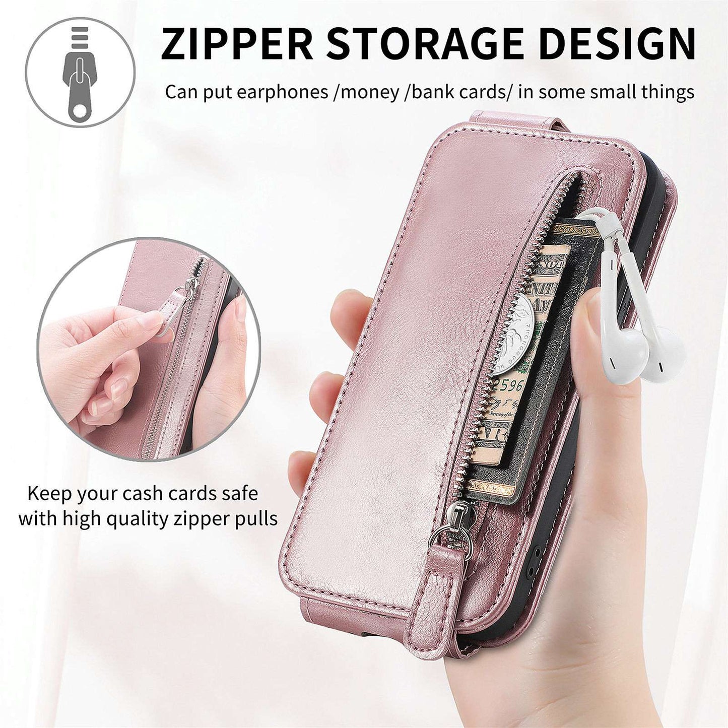 For Samsung Galaxy A53 5G PU Leather Vertical Flip Cover Zipper Wallet Stand Phone Case with Built-in Metal Sheet