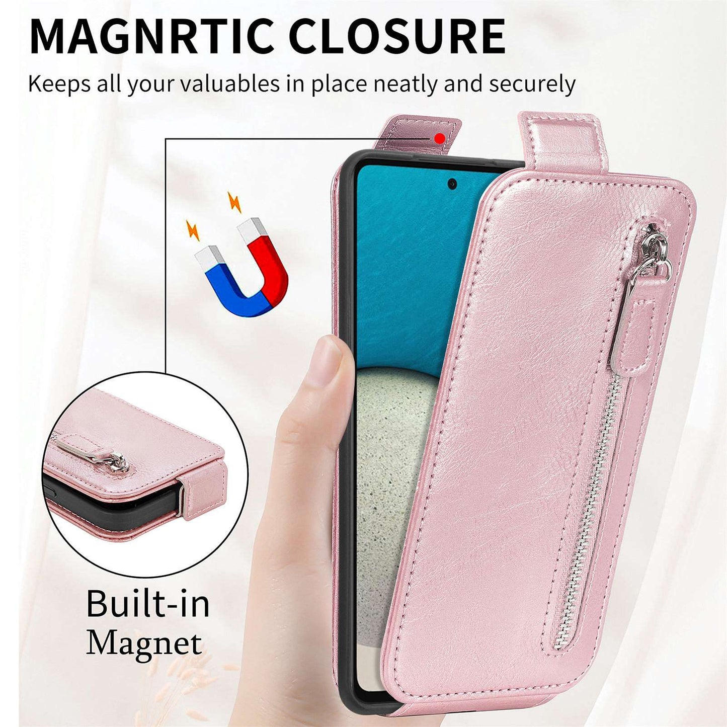 For Samsung Galaxy A53 5G PU Leather Vertical Flip Cover Zipper Wallet Stand Phone Case with Built-in Metal Sheet
