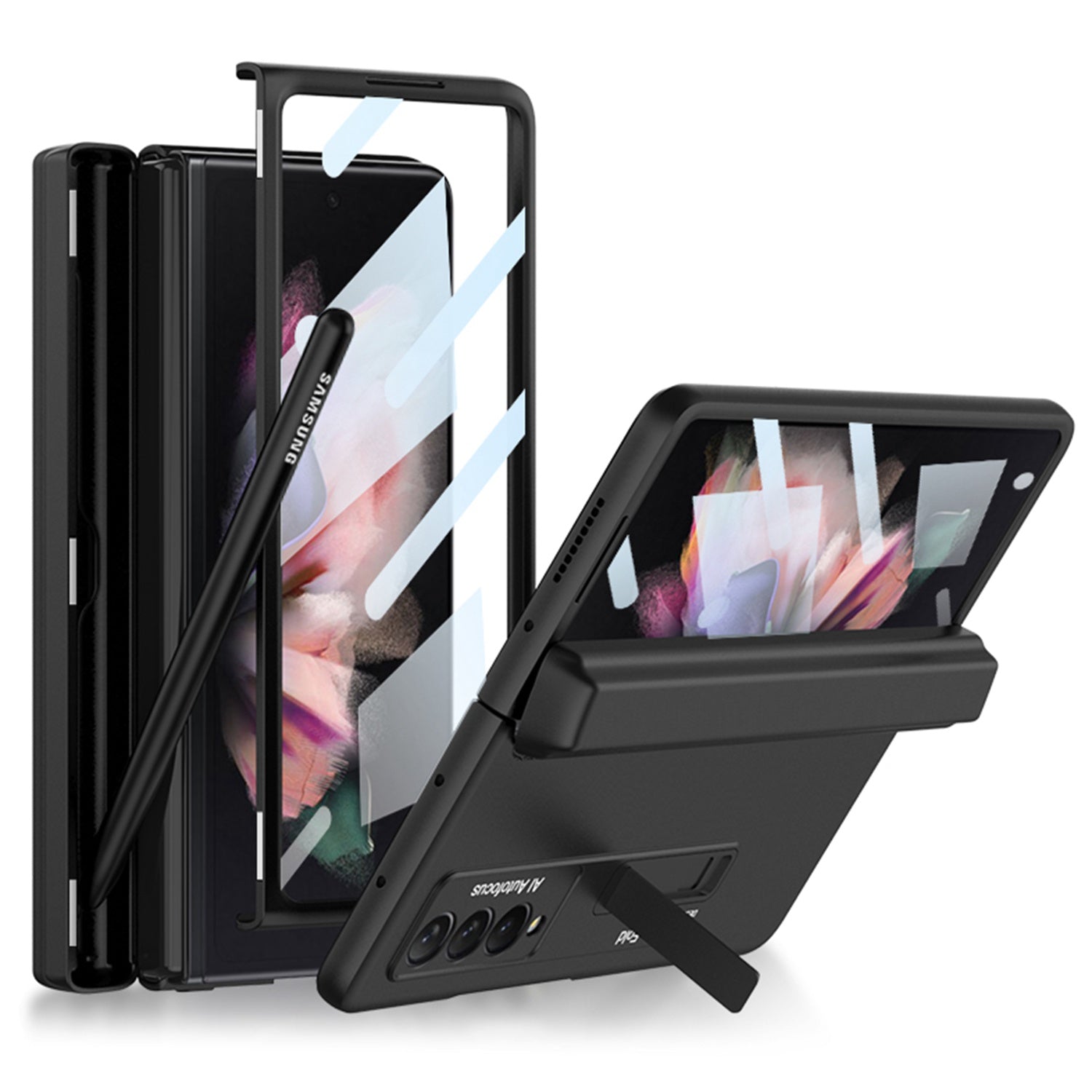 GKK Hard PC Phone Cover Case for Samsung Galaxy Z Fold3 5G, Kickstand Design Folding Phone Case with Tempered Glass Film and Pen Slot