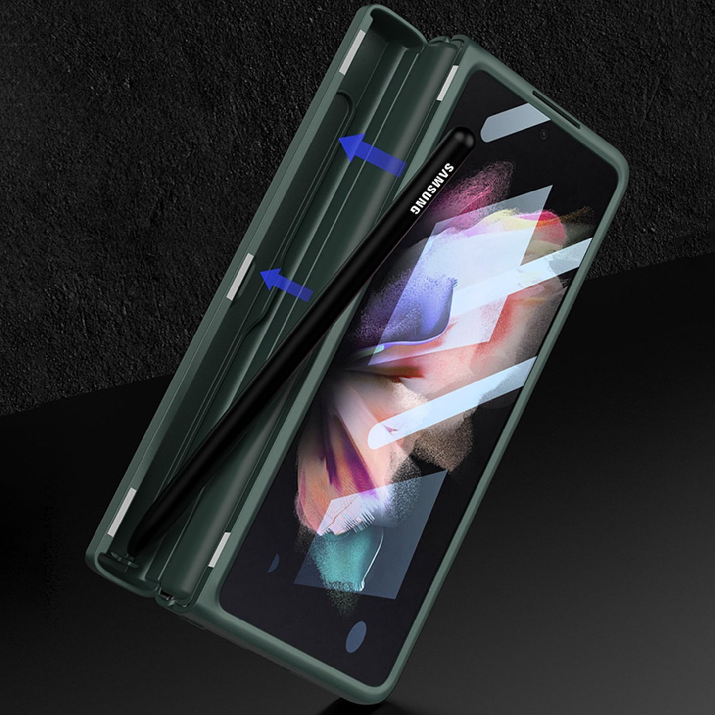 GKK Hard PC Phone Cover Case for Samsung Galaxy Z Fold3 5G, Kickstand Design Folding Phone Case with Tempered Glass Film and Pen Slot