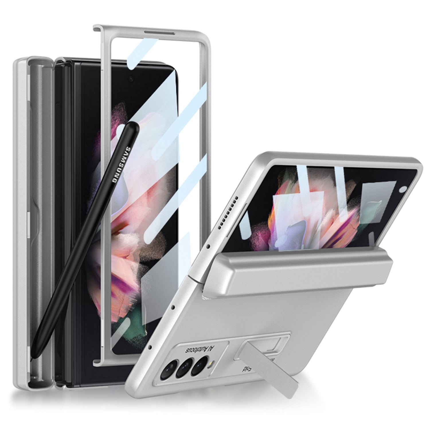 GKK Hard PC Phone Cover Case for Samsung Galaxy Z Fold3 5G, Kickstand Design Folding Phone Case with Tempered Glass Film and Pen Slot