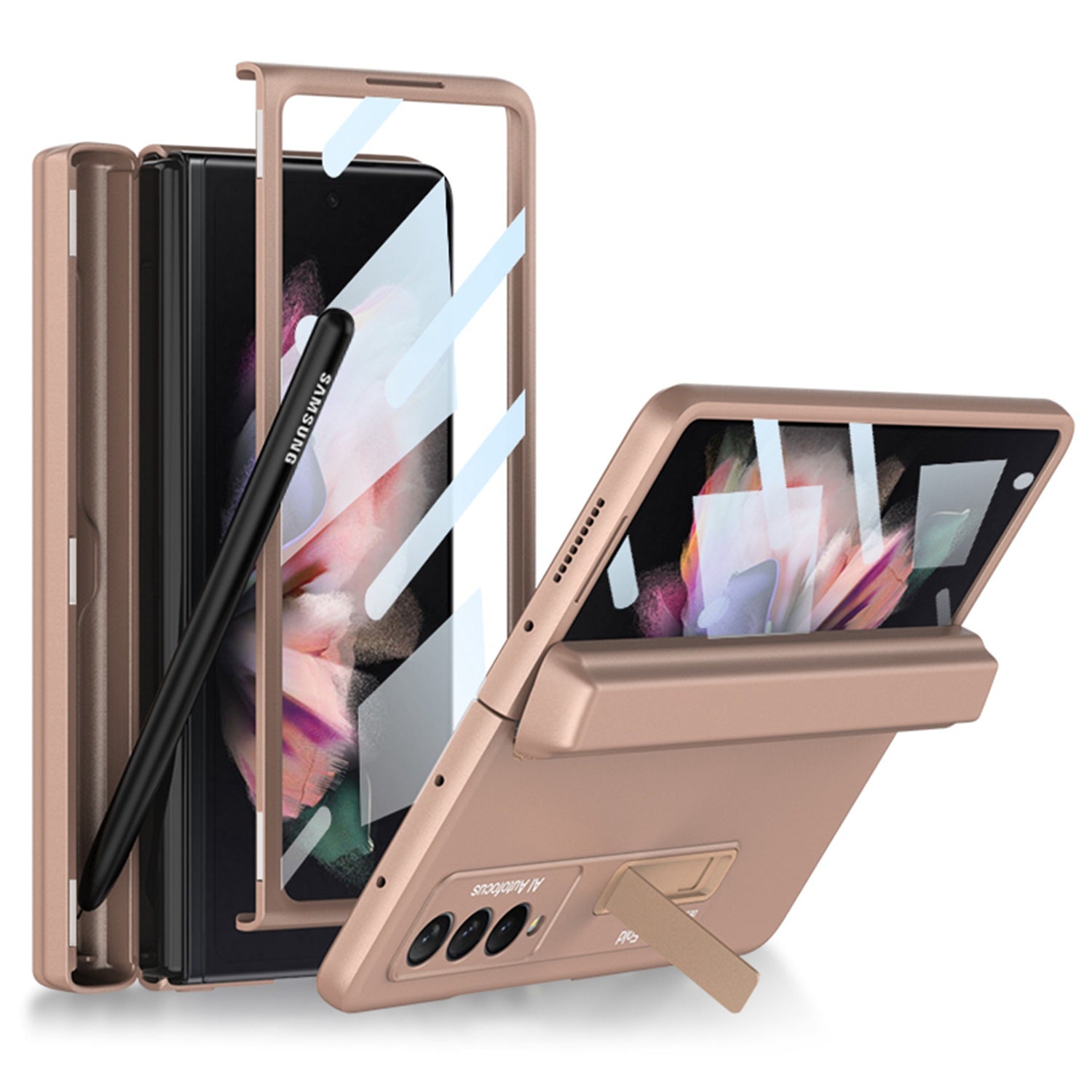 GKK Hard PC Phone Cover Case for Samsung Galaxy Z Fold3 5G, Kickstand Design Folding Phone Case with Tempered Glass Film and Pen Slot