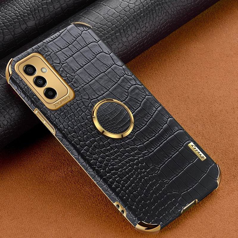 For Samsung Galaxy M23 5G/F23 5G Shockproof Phone Cover Crocodile Texture Kickstand Electroplated Finger Ring Holder PU Leather Coated TPU Anti-scratch Phone Case