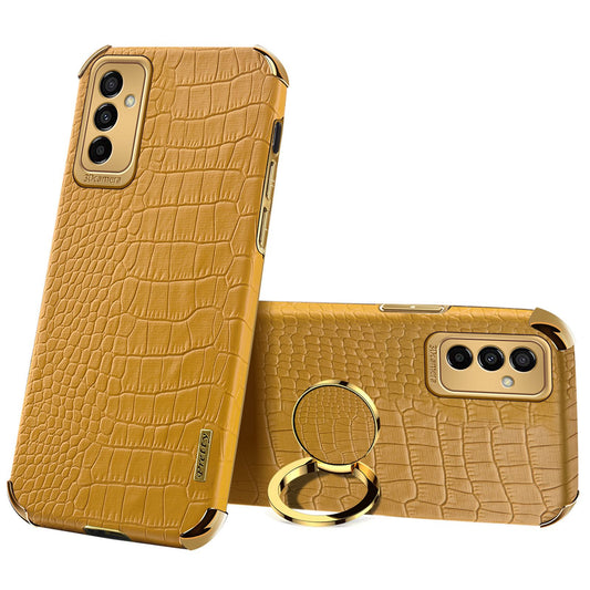For Samsung Galaxy M23 5G/F23 5G Shockproof Phone Cover Crocodile Texture Kickstand Electroplated Finger Ring Holder PU Leather Coated TPU Anti-scratch Phone Case