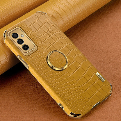 For Samsung Galaxy M23 5G/F23 5G Shockproof Phone Cover Crocodile Texture Kickstand Electroplated Finger Ring Holder PU Leather Coated TPU Anti-scratch Phone Case