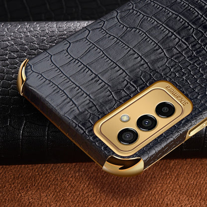 For Samsung Galaxy M23 5G/F23 5G Shockproof Phone Cover Crocodile Texture Kickstand Electroplated Finger Ring Holder PU Leather Coated TPU Anti-scratch Phone Case