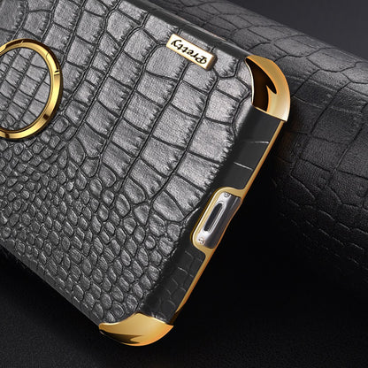 For Samsung Galaxy M23 5G/F23 5G Shockproof Phone Cover Crocodile Texture Kickstand Electroplated Finger Ring Holder PU Leather Coated TPU Anti-scratch Phone Case