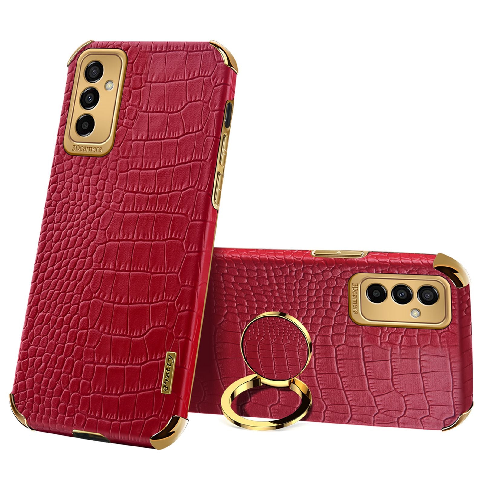 For Samsung Galaxy M23 5G/F23 5G Shockproof Phone Cover Crocodile Texture Kickstand Electroplated Finger Ring Holder PU Leather Coated TPU Anti-scratch Phone Case