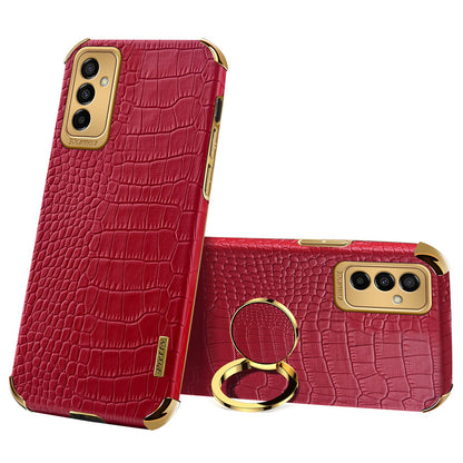 For Samsung Galaxy M23 5G/F23 5G Shockproof Phone Cover Crocodile Texture Kickstand Electroplated Finger Ring Holder PU Leather Coated TPU Anti-scratch Phone Case