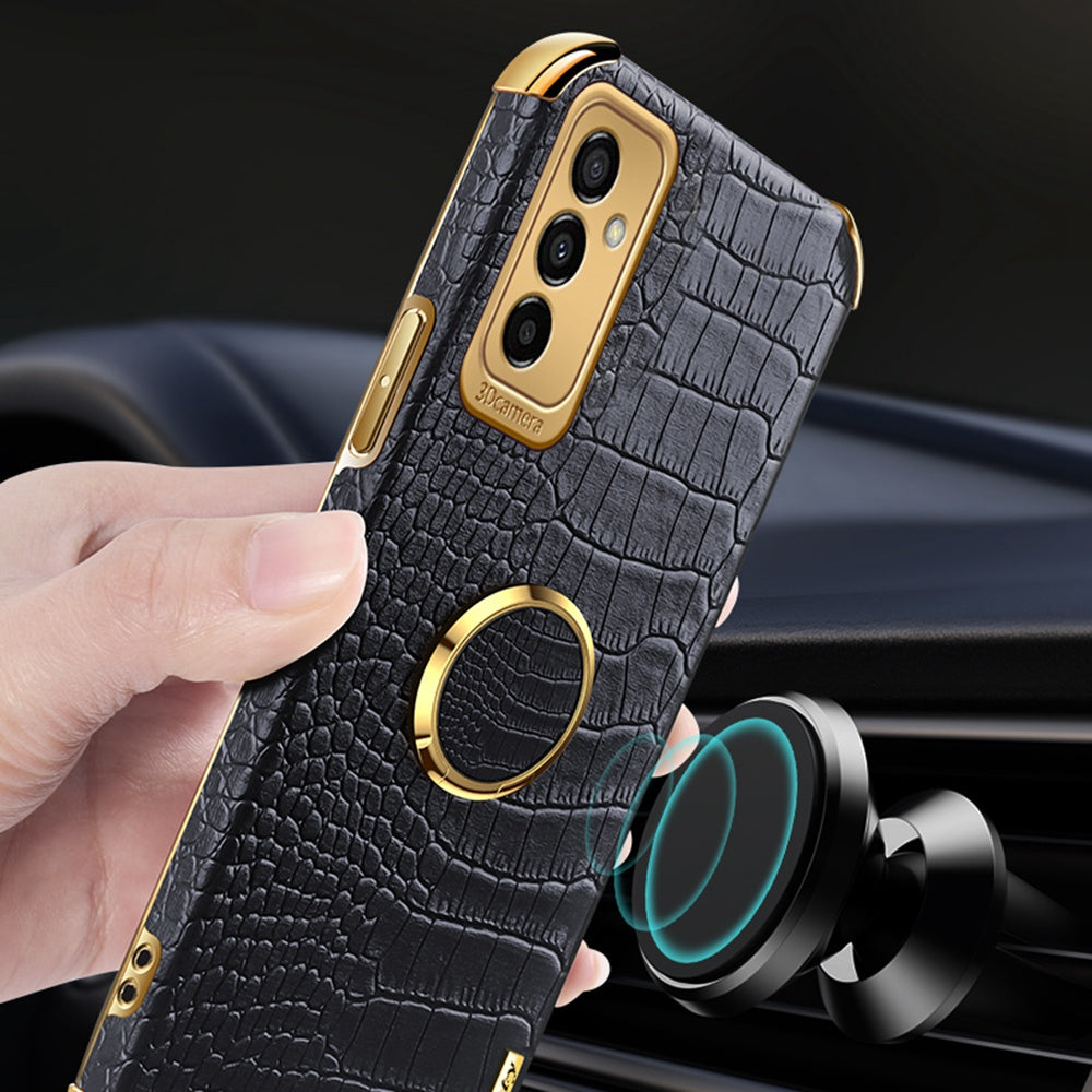 For Samsung Galaxy M23 5G/F23 5G Shockproof Phone Cover Crocodile Texture Kickstand Electroplated Finger Ring Holder PU Leather Coated TPU Anti-scratch Phone Case