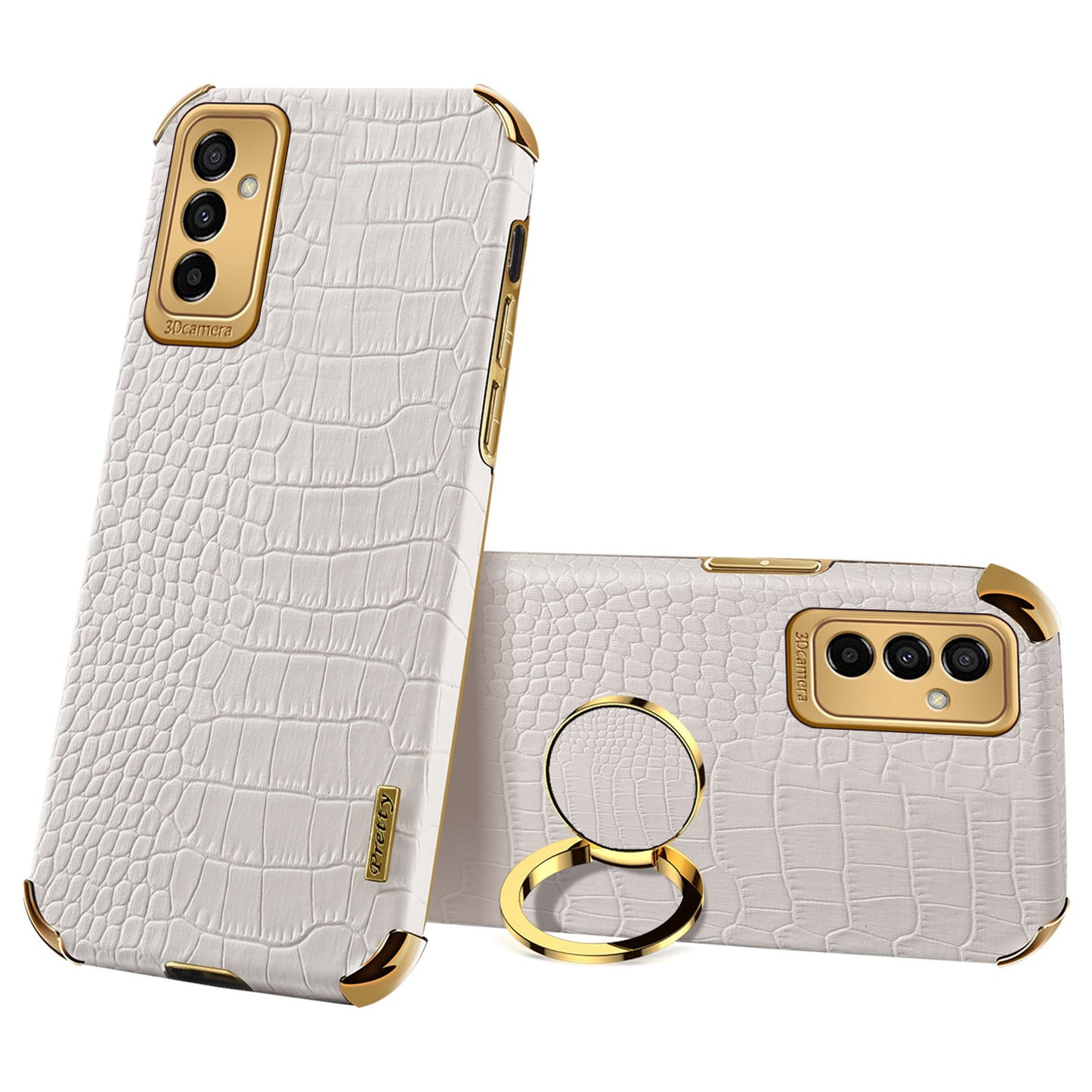 For Samsung Galaxy M23 5G/F23 5G Shockproof Phone Cover Crocodile Texture Kickstand Electroplated Finger Ring Holder PU Leather Coated TPU Anti-scratch Phone Case