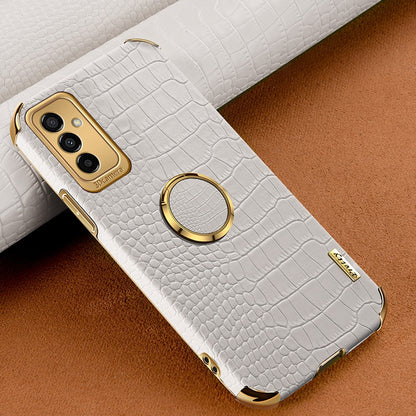 For Samsung Galaxy M23 5G/F23 5G Shockproof Phone Cover Crocodile Texture Kickstand Electroplated Finger Ring Holder PU Leather Coated TPU Anti-scratch Phone Case
