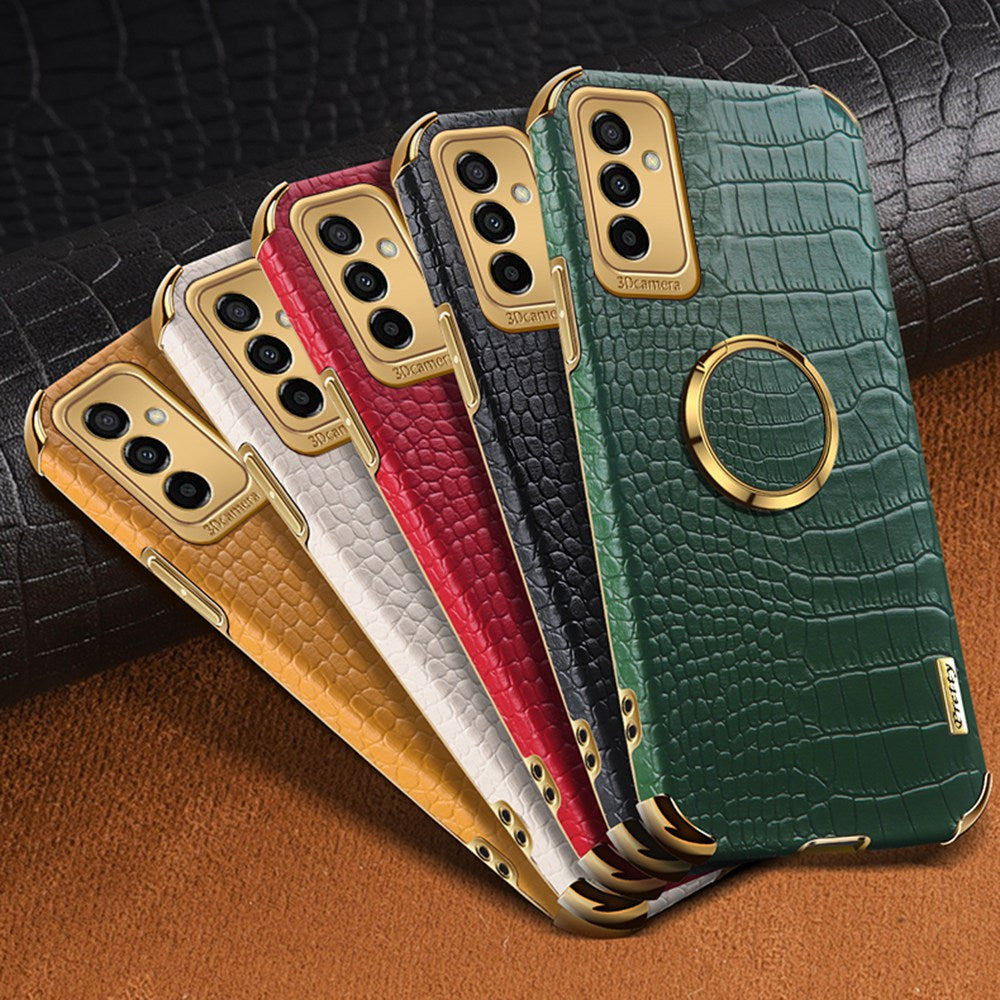 For Samsung Galaxy M23 5G/F23 5G Shockproof Phone Cover Crocodile Texture Kickstand Electroplated Finger Ring Holder PU Leather Coated TPU Anti-scratch Phone Case