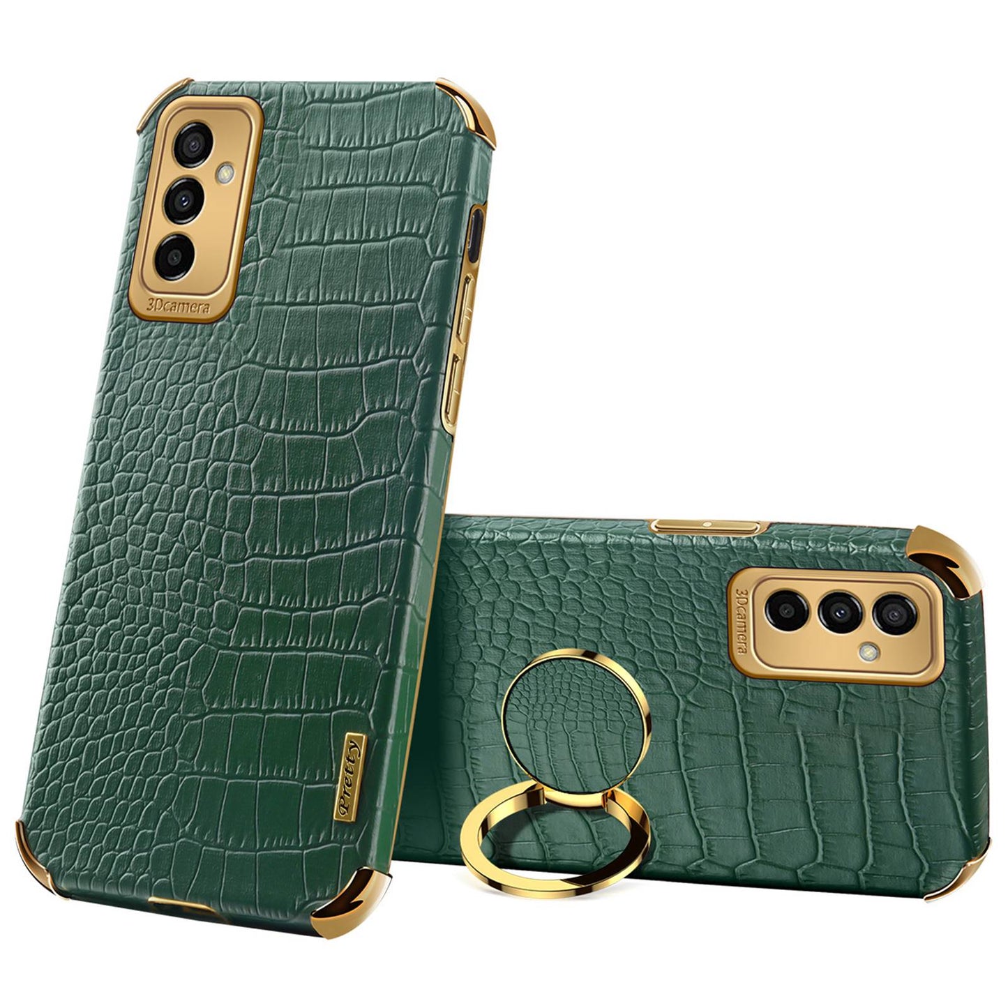 For Samsung Galaxy M23 5G/F23 5G Shockproof Phone Cover Crocodile Texture Kickstand Electroplated Finger Ring Holder PU Leather Coated TPU Anti-scratch Phone Case