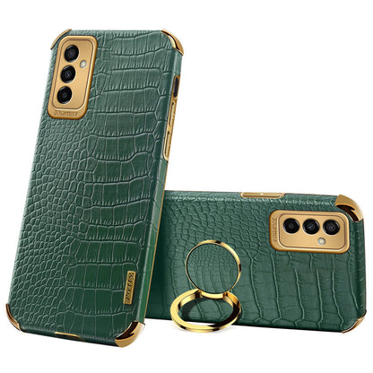 For Samsung Galaxy M23 5G/F23 5G Shockproof Phone Cover Crocodile Texture Kickstand Electroplated Finger Ring Holder PU Leather Coated TPU Anti-scratch Phone Case