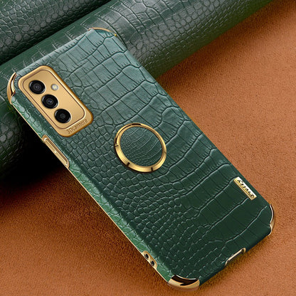 For Samsung Galaxy M23 5G/F23 5G Shockproof Phone Cover Crocodile Texture Kickstand Electroplated Finger Ring Holder PU Leather Coated TPU Anti-scratch Phone Case
