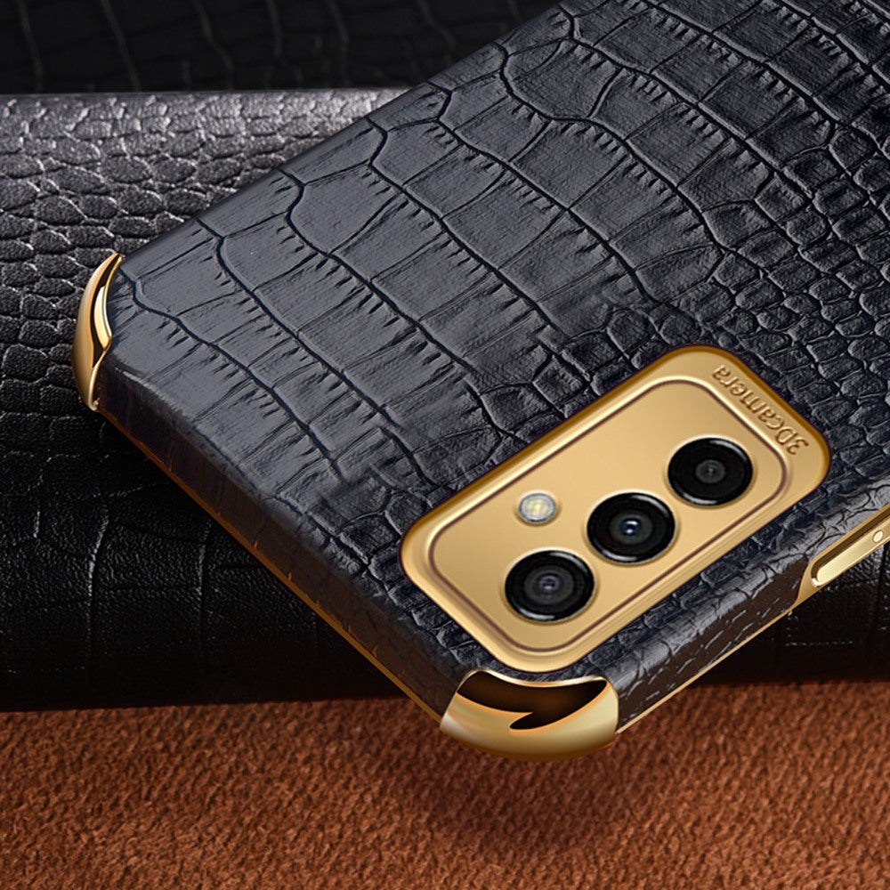 For Samsung Galaxy M23 5G/F23 5G Shockproof Phone Cover Crocodile Texture Kickstand Electroplated Finger Ring Holder PU Leather Coated TPU Anti-scratch Phone Case