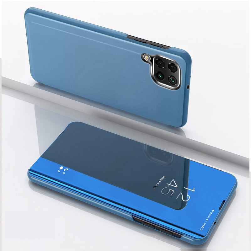 For Samsung Galaxy M33 5G (Global Version) View Window Electroplate Plating Stand Case Mirror Surface PU Leather Full Body Protective Flip Cover