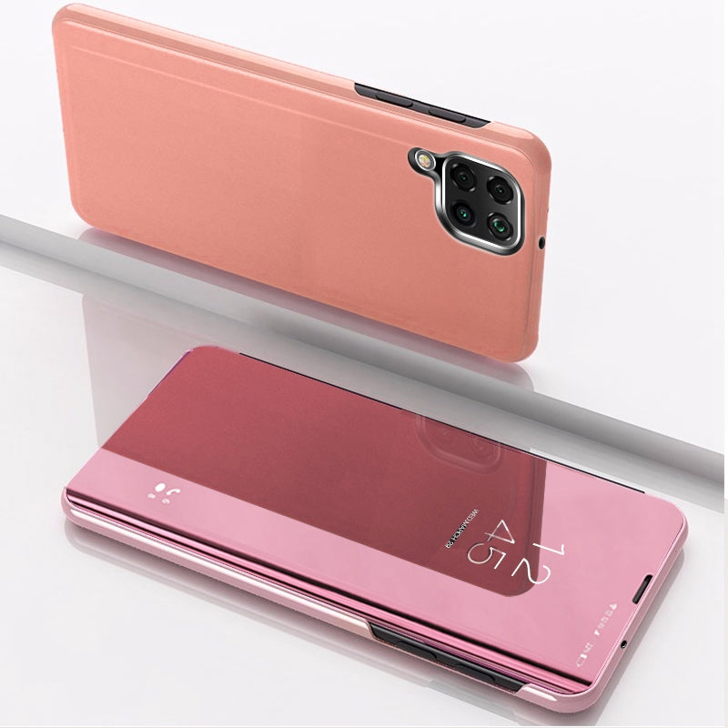 For Samsung Galaxy M33 5G (Global Version) View Window Electroplate Plating Stand Case Mirror Surface PU Leather Full Body Protective Flip Cover