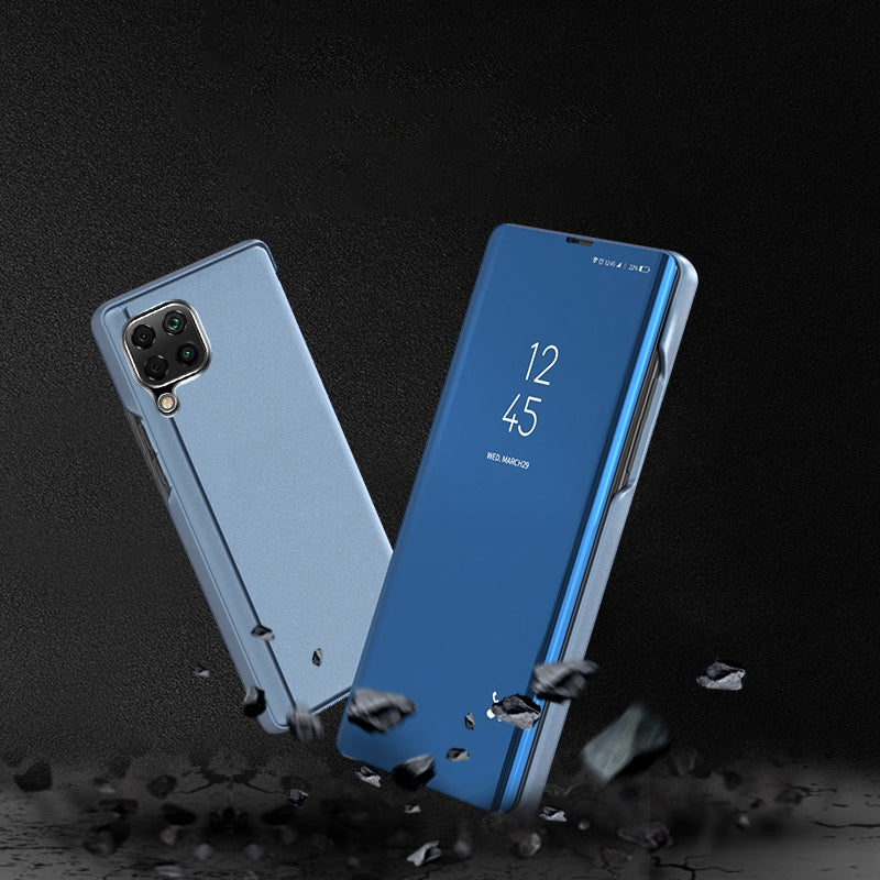 For Samsung Galaxy M33 5G (Global Version) View Window Electroplate Plating Stand Case Mirror Surface PU Leather Full Body Protective Flip Cover