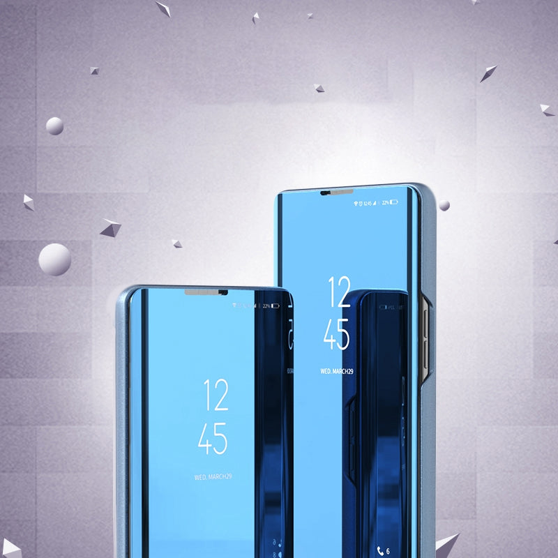 For Samsung Galaxy M33 5G (Global Version) View Window Electroplate Plating Stand Case Mirror Surface PU Leather Full Body Protective Flip Cover
