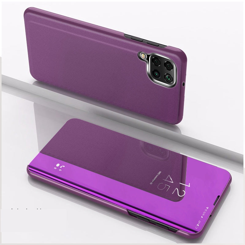 For Samsung Galaxy M33 5G (Global Version) View Window Electroplate Plating Stand Case Mirror Surface PU Leather Full Body Protective Flip Cover