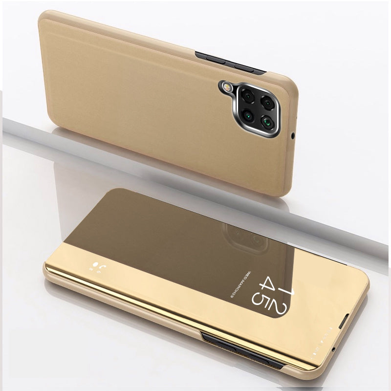For Samsung Galaxy M33 5G (Global Version) View Window Electroplate Plating Stand Case Mirror Surface PU Leather Full Body Protective Flip Cover