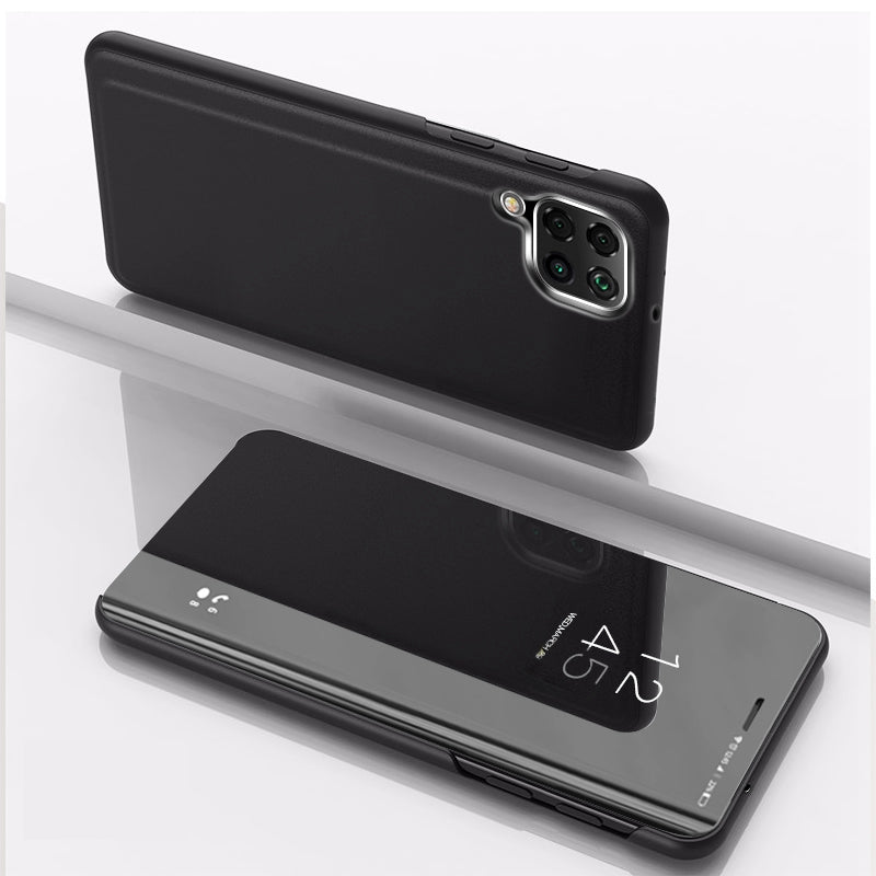 For Samsung Galaxy M33 5G (Global Version) View Window Electroplate Plating Stand Case Mirror Surface PU Leather Full Body Protective Flip Cover