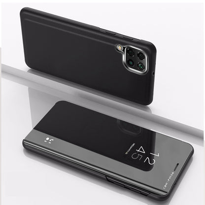 For Samsung Galaxy M33 5G (Global Version) View Window Electroplate Plating Stand Case Mirror Surface PU Leather Full Body Protective Flip Cover