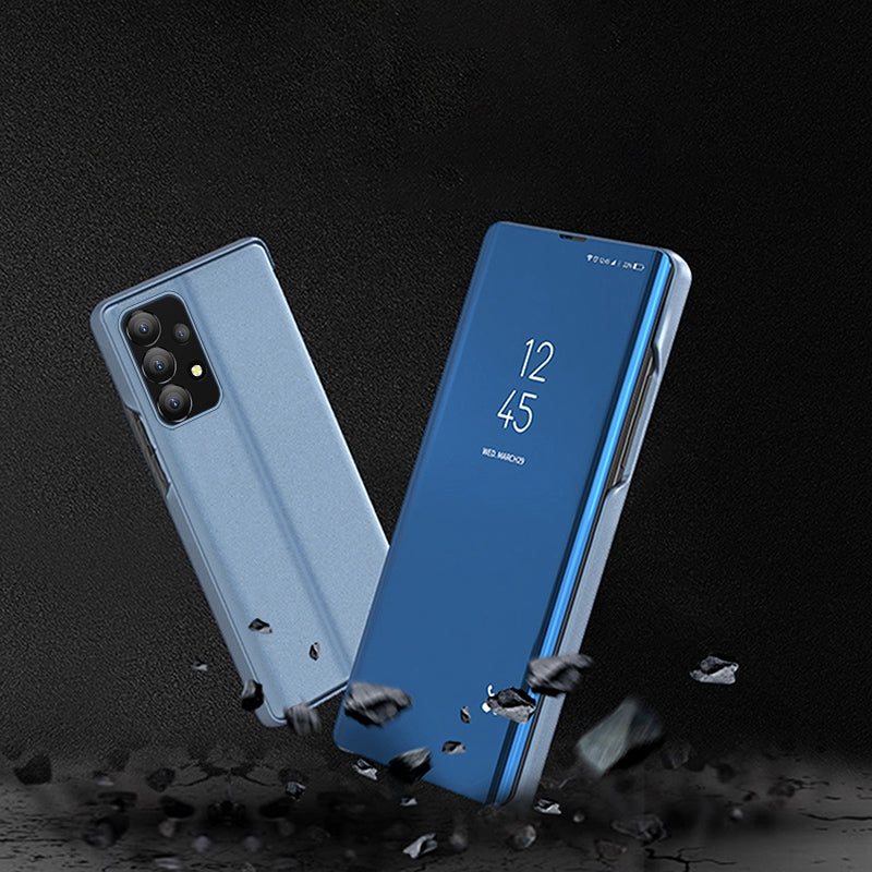 For Samsung Galaxy A73 5G PU Leather Smart View Window Case Electroplate Full Body Protection Stand Flip Mirror Phone Cover